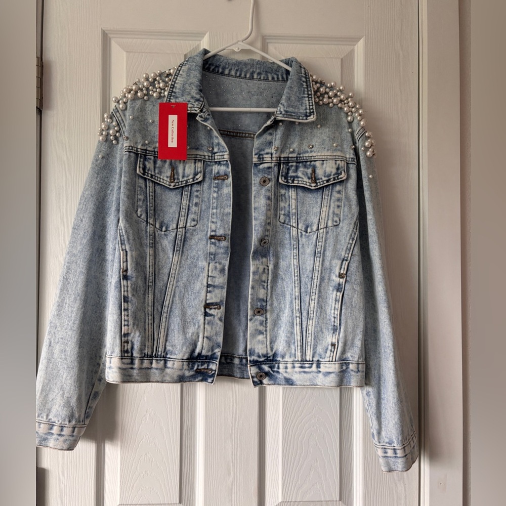 NWT Pearl Embellished Denim Jacket